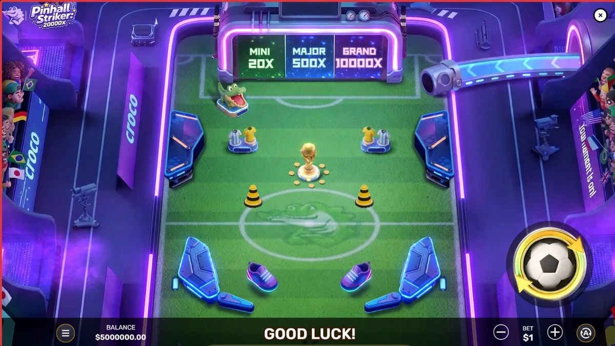Tampilan visual neon stadion dan papan permainan Pinball Striker 20,000x