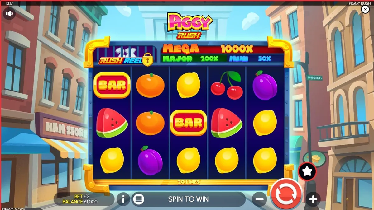 Tampilan visual slot Piggy Rush dengan tema peternakan dan babi lucu